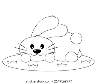 Cute cartoon Rabbit lies on the grass. Draw illustration in black and white