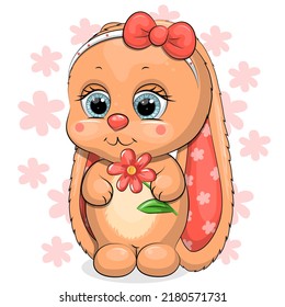 A cute cartoon rabbit with long ears is holding a flower. Vector illustration of an animal on a white background with red flowers.