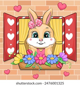 Cute cartoon rabbit looks out the window. Vector illustration of animal,  window, flowers and brick wall.