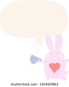 cute cartoon rabbit with love heart and coffee cup with speech bubble in retro style