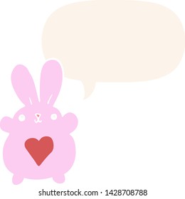 cute cartoon rabbit with love heart with speech bubble in retro style