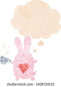 cute cartoon rabbit with love heart and coffee cup with thought bubble in grunge distressed retro textured style