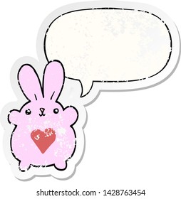 cute cartoon rabbit with love heart with speech bubble distressed distressed old sticker