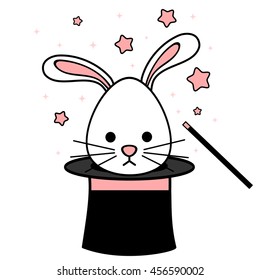 cute cartoon rabbit in magic hat vector funny illustration