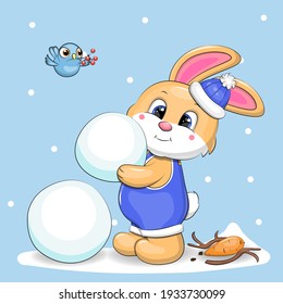 A cute cartoon rabbit makes a snowman. Winter vector illustration on a blue background with snow.