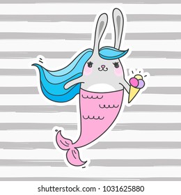 Cute cartoon rabbit mermaid. Funny bunny mermaid. Vector doodle illustration.