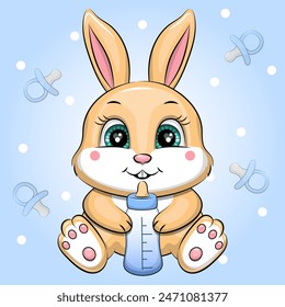 Cute cartoon rabbit with milk bottle. Vector illustration of an animal on a blue background with dummies.