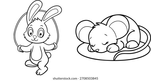 Cute Cartoon Rabbit and Mouse Characters Black and White Vector Art