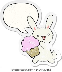 cute cartoon rabbit with muffin with speech bubble distressed distressed old sticker