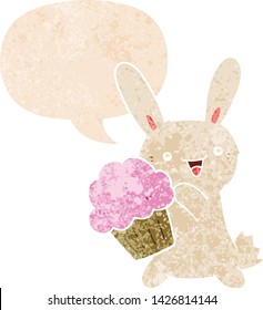 cute cartoon rabbit with muffin with speech bubble in grunge distressed retro textured style