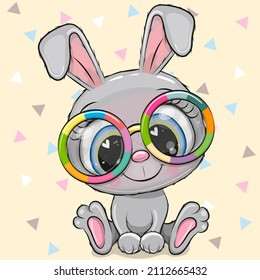 Cute Cartoon Rabbit in multicolored glasses on a yellow background