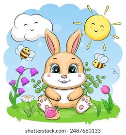 Cute cartoon rabbit in nature. Vector illustration with an animal.