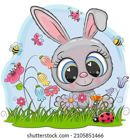 Cute Cartoon Rabbit on a meadow with flowers and butterflies