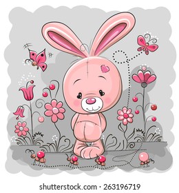 Cute Cartoon Rabbit on a meadow with flowers and butterflies