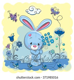 Cute Cartoon Rabbit on a meadow with flowers and butterflies
