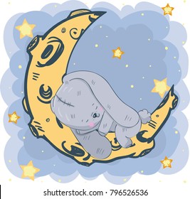Cute cartoon rabbit on the moon on the moon - vector