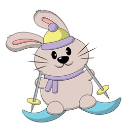 Cute Cartoon Rabbit On Skis. Draw Illustration In Color