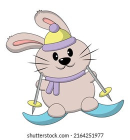 Cute cartoon Rabbit on skis. Draw illustration in color