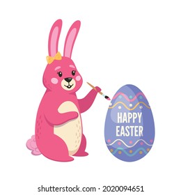 Cute cartoon rabbit painting easter egg vector illustration