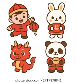 A cute cartoon rabbit panda dragon boy lantern red envelope festival lunar new year joy