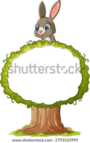 Cute cartoon rabbit peeks over leafy tree with blank space, bright colors, vector illustration