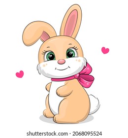 Cute cartoon rabbit with pink bow and hearts. Vector illustration of an animal on a white background.