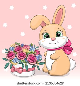 Cute cartoon rabbit with a pink bow and a bouquet of roses. Vector illustration of an animal on a pink background with flowers.