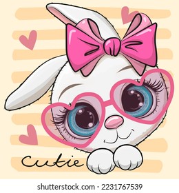 Cute cartoon Rabbit with a pink bow and heart shaped glasses