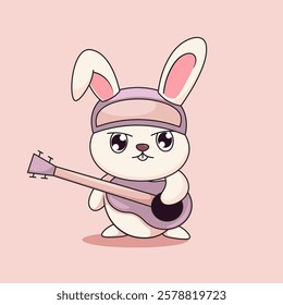 Cute cartoon rabbit with pink guitar