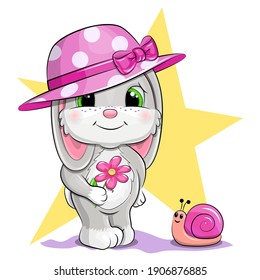 Cute cartoon rabbit in a pink hat holding a flower. Vector illustration of an animal with a big star in the background.