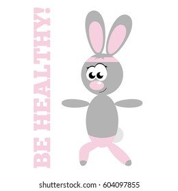 Cute cartoon rabbit in pink leggings doing yoga
