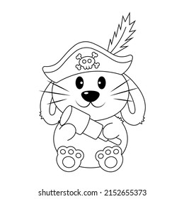Cute cartoon Rabbit Pirate. Draw illustration in black and white