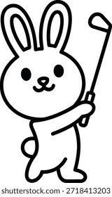 Bonito coelho de desenho animado jogando golfe, ilustração de arte de linha simples