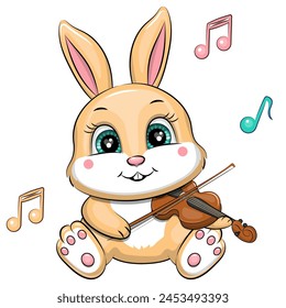 Cute cartoon rabbit playing the violin. Vector illustration of an animal with a musical instrument on a white background with music notes.