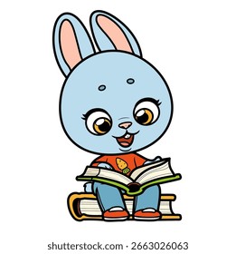 Cute cartoon rabbit  read a book on white background