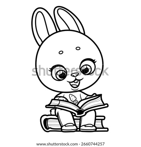 Cute cartoon rabbit  read a book outlined for coloring page on white background