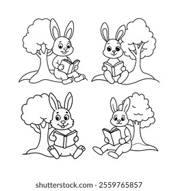 Cute Cartoon Rabbit Reading a Book Vector Set Adorable Animal Line Art Illustration.