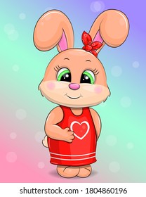 Cute cartoon rabbit in red dress with heart. Vector illustration of animal on the colorful background. 