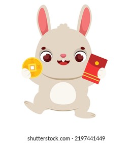 cute cartoon rabbit with red envelope and golden coin money. Happy Chinese new year mascot hare. Lunar zodiac animal bunny for 2023 celebration