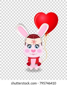 Cute cartoon rabbit in red hat with ear flaps, knit scarf and mittens holding red heart shaped balloon isolated on transparent background. Vector illustration, icon, clip art for greeting card design 