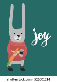 Cute cartoon rabbit in a red sweater with deer drinking coffee on a green background. Vector isolated illustration of a flat and Hand lettering word "joy". Winter holidays card.