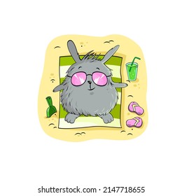 Cute cartoon rabbit relaxes on the beach in pink glasses, at summer rest. Funny illustration for your design. 