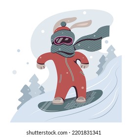 Cute Cartoon Rabbit Rides On The Snow On A Snowboard. Winter Vector Illustration With Animal Character.