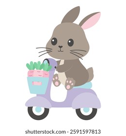 cute cartoon rabbit riding scooter delivering carrots, easter bunny on moped, greeting card with funny animal on bike, delivery service concept