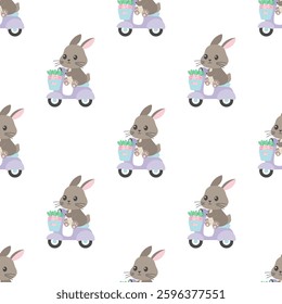 cute cartoon rabbit riding scooter delivering carrots, seamless pattern of easter bunny on moped, greeting wallpaper with funny animal on bike, delivery service concept