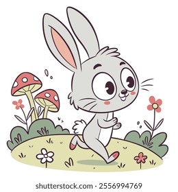 A cute cartoon rabbit running in a vibrant, whimsical garden.