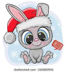 Cute Cartoon Rabbit in Santa hat on a blue background