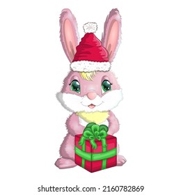 Conejo de dibujos animados en sombrero santa con un regalo. Invierno 2023, Navidad y Año Nuevo.