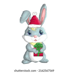 Cute cartoon rabbit in santa hat with a gift. Winter 2023, Christmas and New Year.