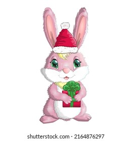 Cute cartoon rabbit in santa hat with a gift. Winter 2023, Christmas and New Year.